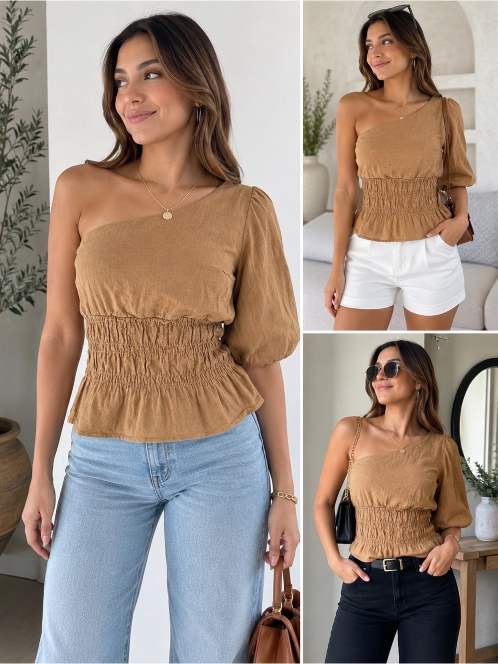 Strut & Bolt Women’s Large Tan One Shoulder Smocked Waist Peplum Blouse